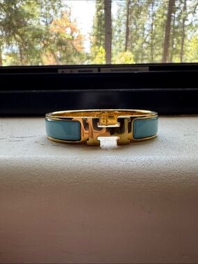 Hermes Gold and Light Blue Enamel H Cuff Bracelet